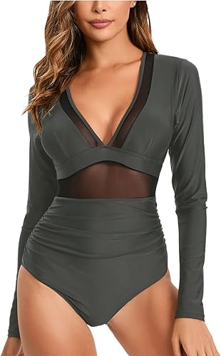 Traje de baño de manga larga para mujer, traje de baño de una pieza, protección UV, traje de surf con cremallera impresa