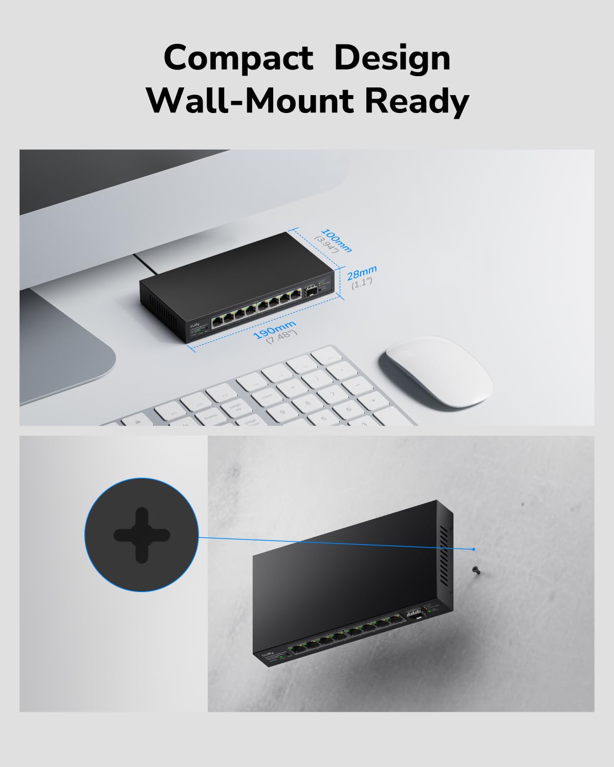 Cudy Switch 8-Portowy 2,5G 1x10G SFP+ Zarządzalny Multi-Gigabit HS108ES1 | Przepustowość 60Gbps, Cichy Fanless Metalowy RJ45, VLAN QoS IGMP LAG, Desktop Naścienny, WiFi 6/7 Routery APs NAS PCs