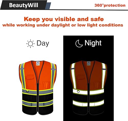 Miniatura 6 de BeautyWill Chaleco de seguridad con logotipo personalizado Class2 Chaleco reflectante de alta visibilidad Chaleco de construcción transpirable