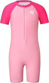 Girls Swimsuit Short Sleeve Rashguard One Piece Swimwear Zipper Bathing Suit (Age 2-14) - Buy now