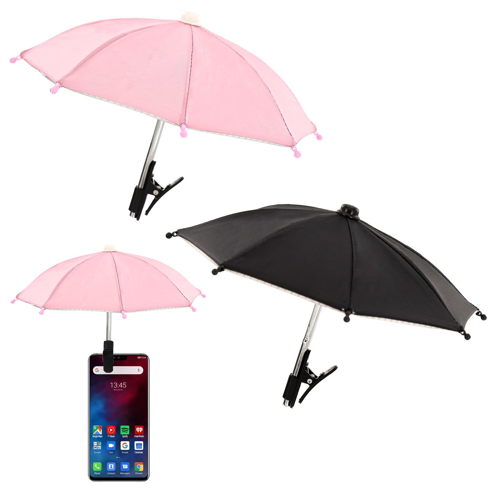 Photo 1 of [Missing Clips] 2 PCS Phone Umbrella for Sun, Mini Umbrella for Phone with Clip Bracket, Used to Shade The Device and Prevent Dizziness, Suitable for Beach, Pool, Outdoor (Black + Pink)