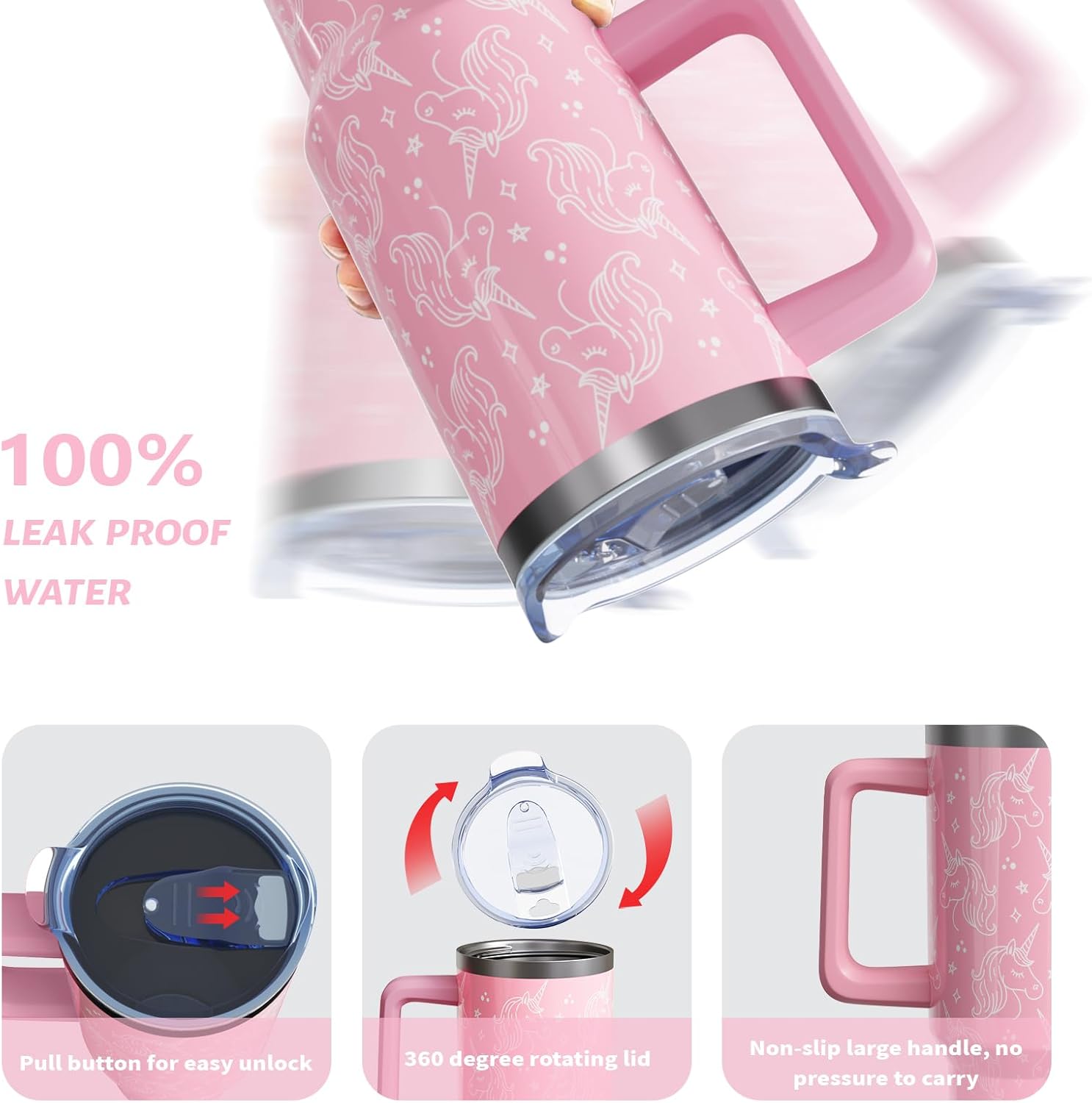Unicorn Gifts 40 Oz Tumbler with Handle and Straw Lid, Stainless Steel Insulated Cup, Water Bottle Mug for Women Men - Image 5