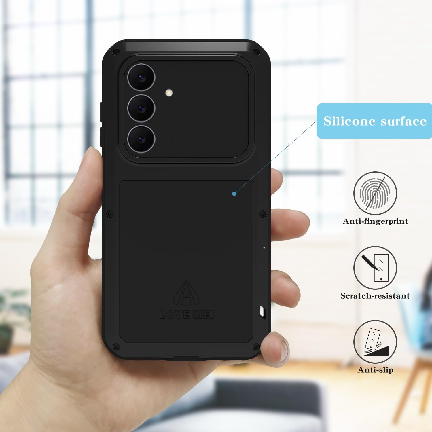 LOVE MEI Military Rugged Case for Samsung Galaxy S25 FE 5G, with Tempered Glass Screen Protector, Shockproof Dustproof Scratch Proof Hybrid Metal and Silicone Gel Heavy Duty Full Body Cover (Black)