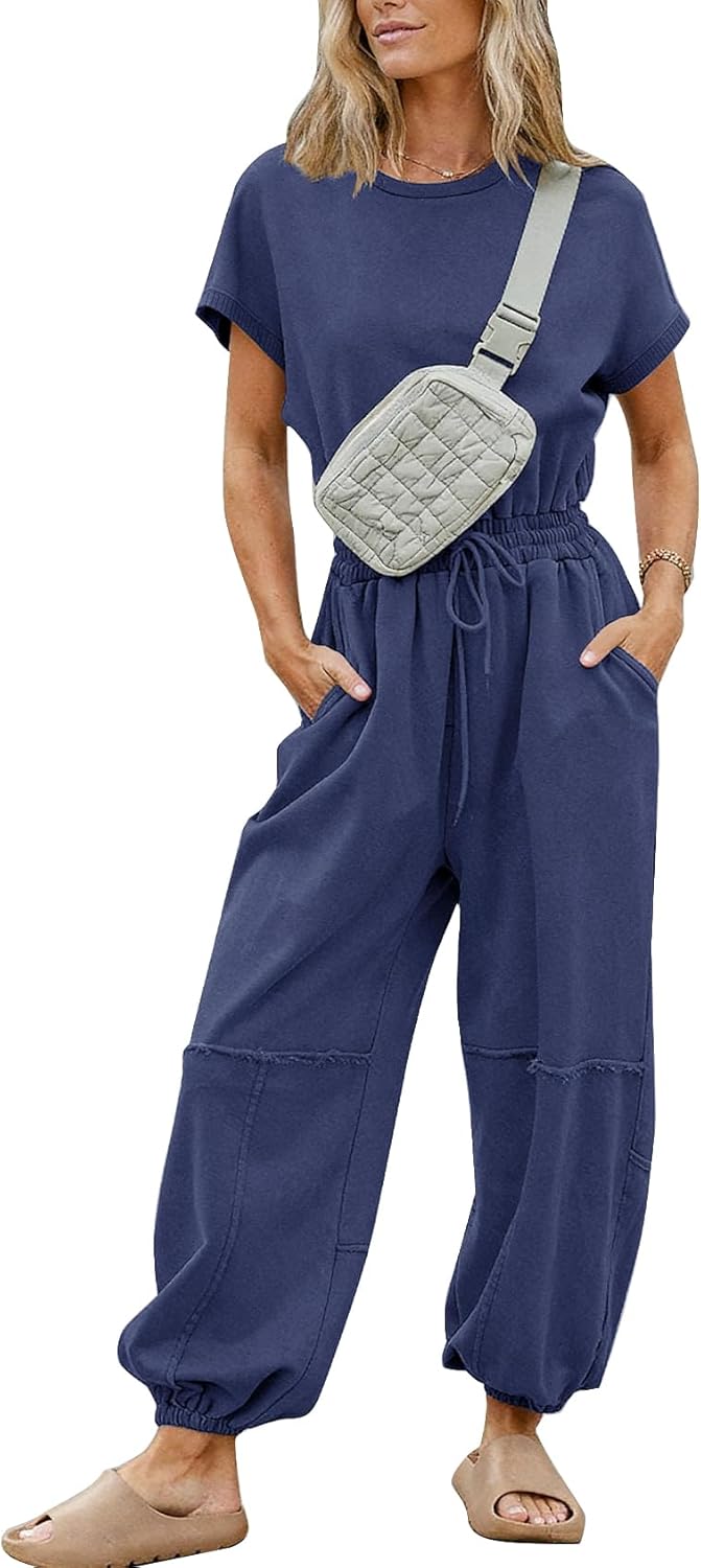 Flygo One Piece Jumpsuits for Women Crewneck Short Sleeve Casual Wide Leg Long Pants Drawstring Rompers Outfits with Pockets