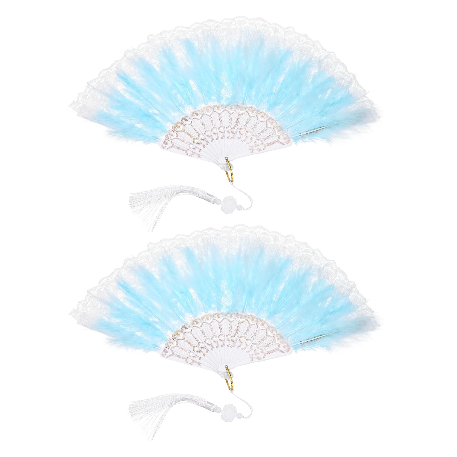 sourcing map 2 Pcs Vintage Folding Fan, Embroidered Flower Marabou Feather Fans 20s Vintage Style Handheld Folding Fan for Dancing Wedding Show Party Tea Party Occasions, Blue(Lace)