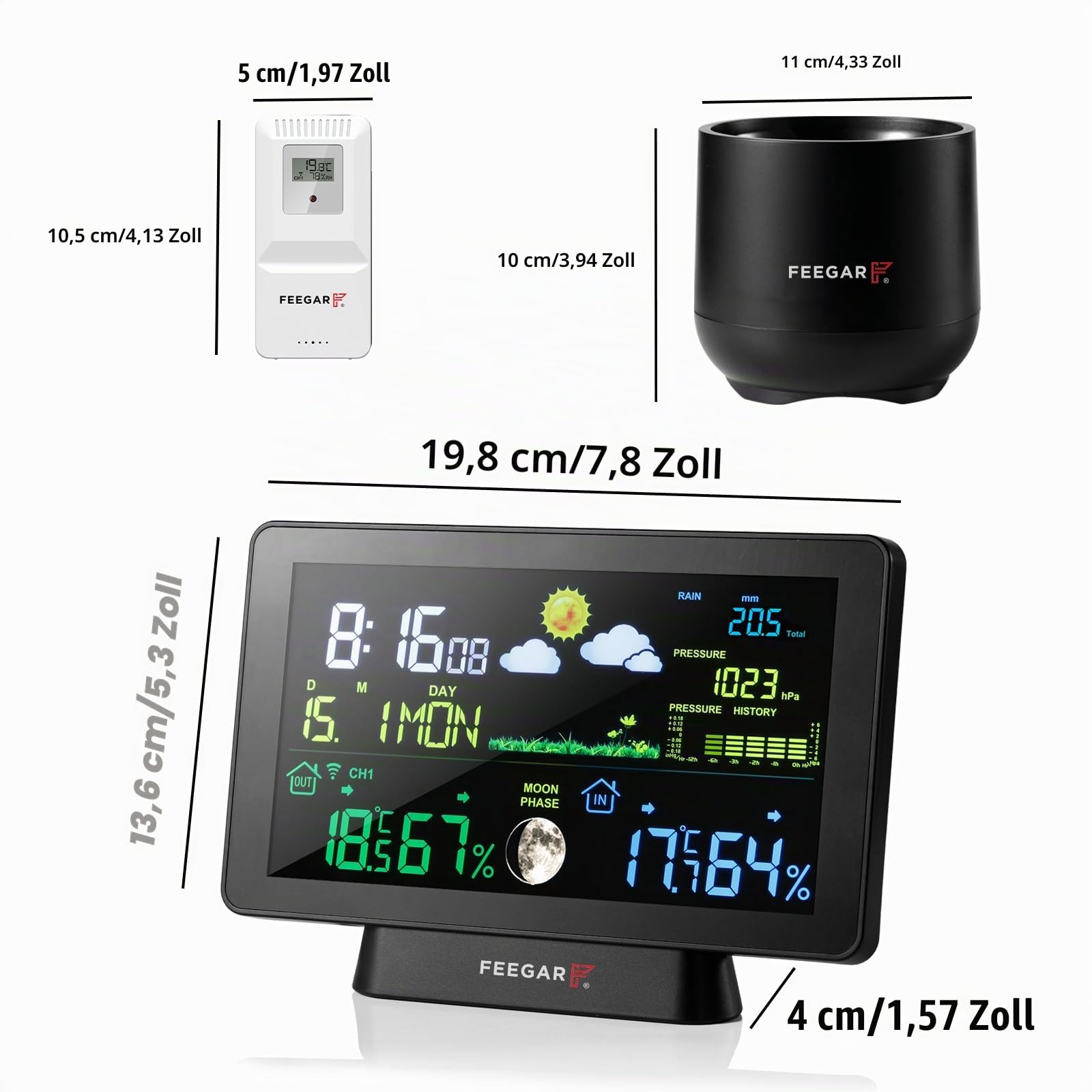 Wireless Weather Station with Digital Rain Gauge, Feegar Forecaster LCD 7,5" Indoor Outdoor Temperature Sensor, Hygrometer, Atomic Clock, Barometer, Digital DCF