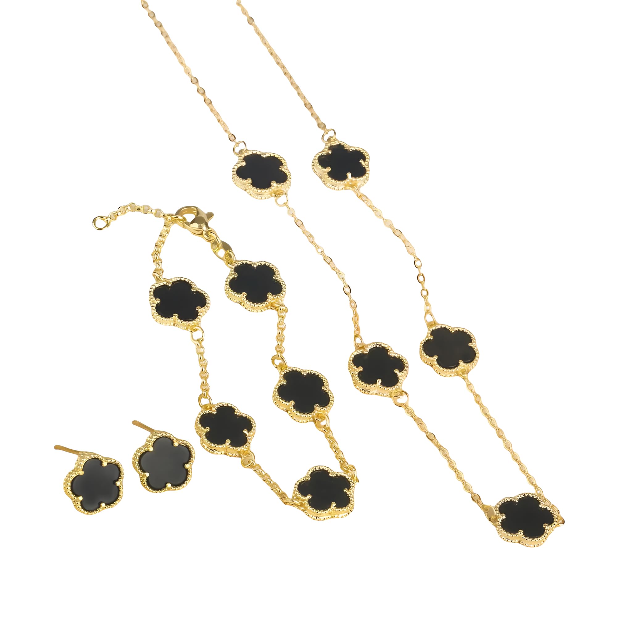 14K Gold-Filled Clover Necklace For Women - Classic Five-Leaf Flower Set Bracelet Necklace Earrings Jewelry Set, Five Leaf Clover Necklaces Dainty