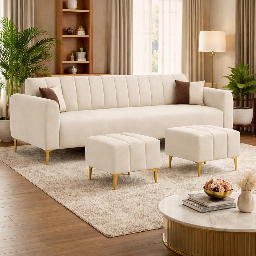 Habibi Rich Velvet Suede 3 Seater Sofa Set with 2 Ottomans | Spacious Soft Touch Comfort Seating | Modern Sofa for Living Room (Cream)-image-29