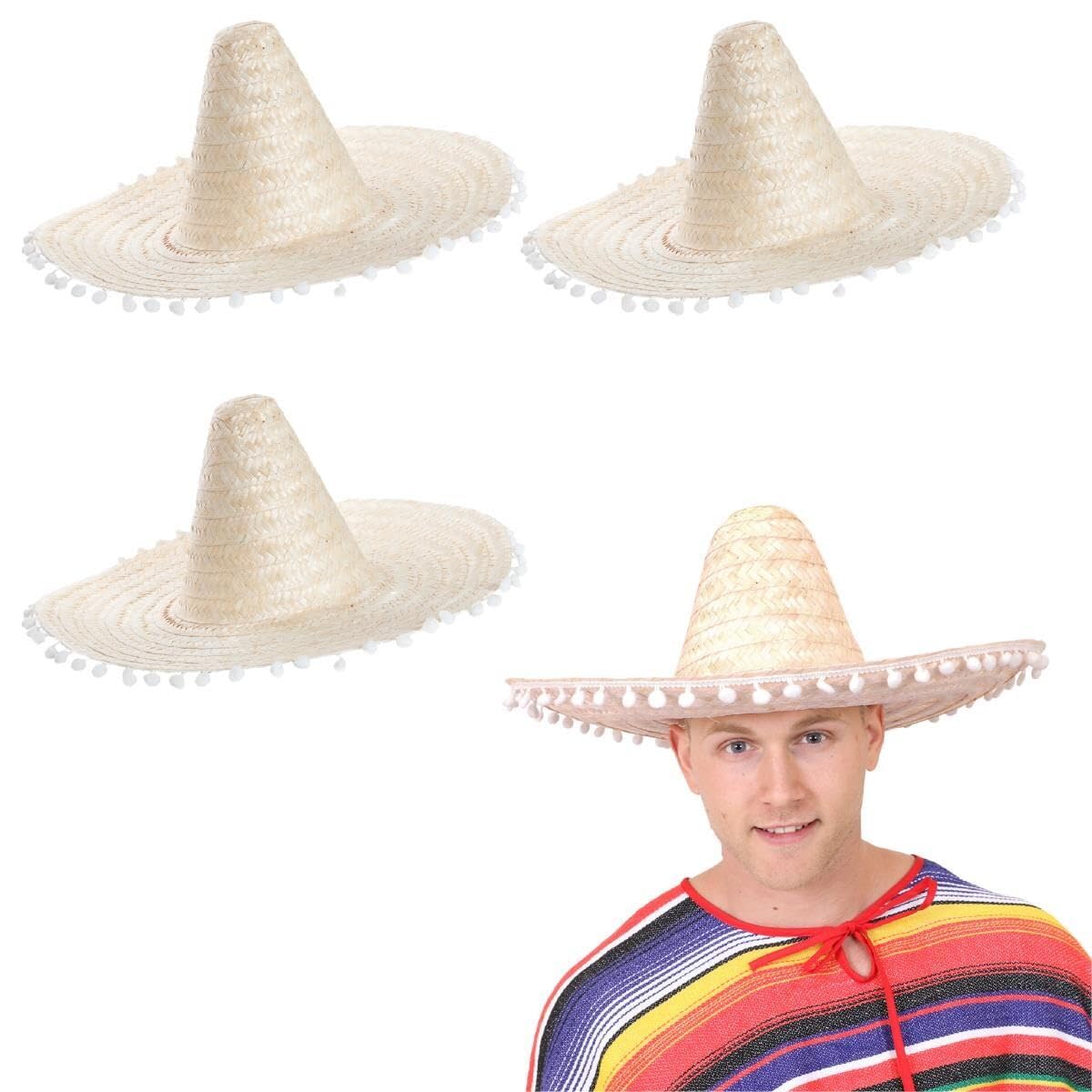 Adults Sombrero Hat - Pack of 3 - Natural Mexican Sombrero With White Pompom Details - Mens Ladies Mexican Cinco De Mayo Fiesta Fancy Dress Costume Accessory