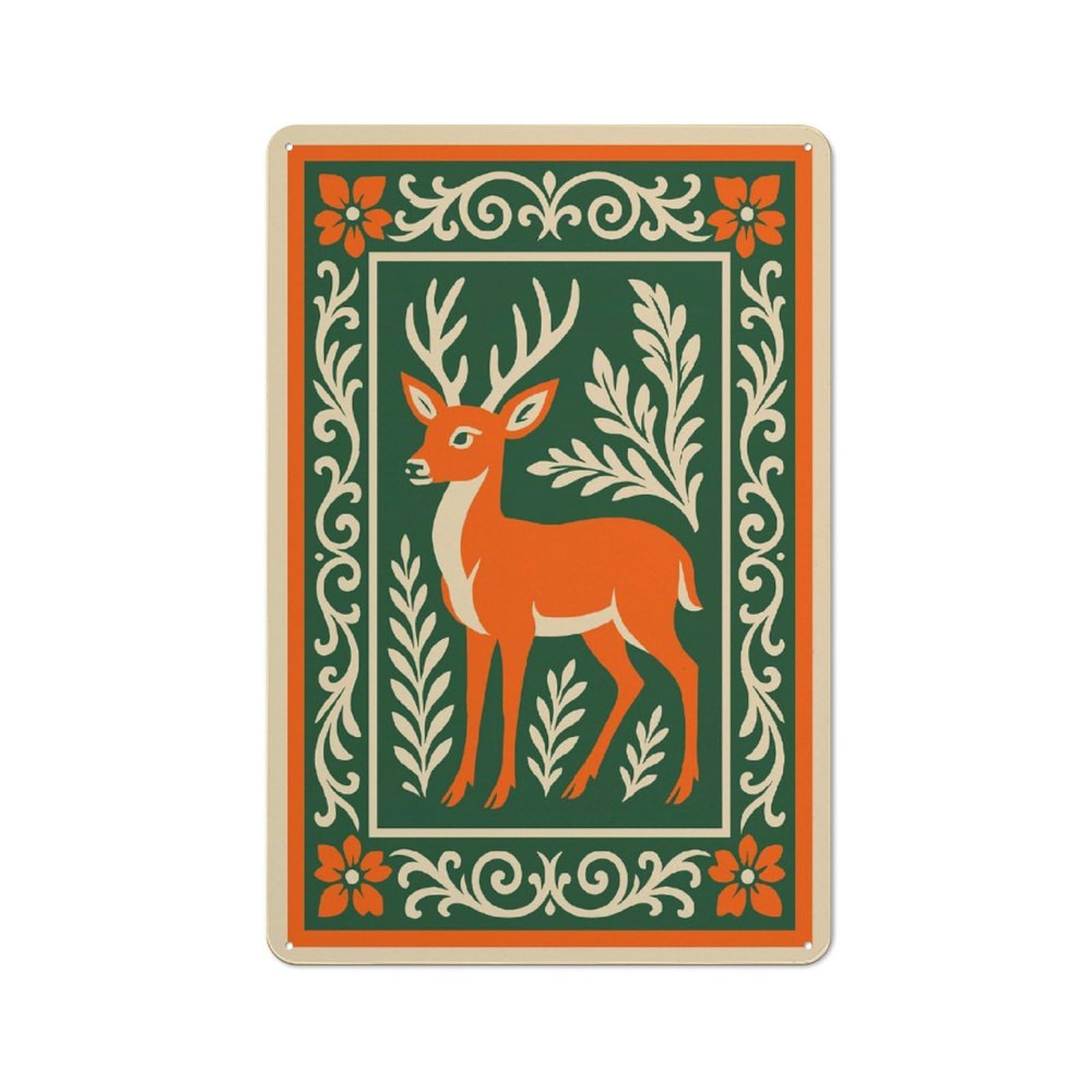 Junmoney Style-5 Retro Metal Wall Sign 30X20cm Featuring Stylized Deer Illustration With Floral Border For Pub Or Café, For Garage, Workshop And Man Cave Decoration