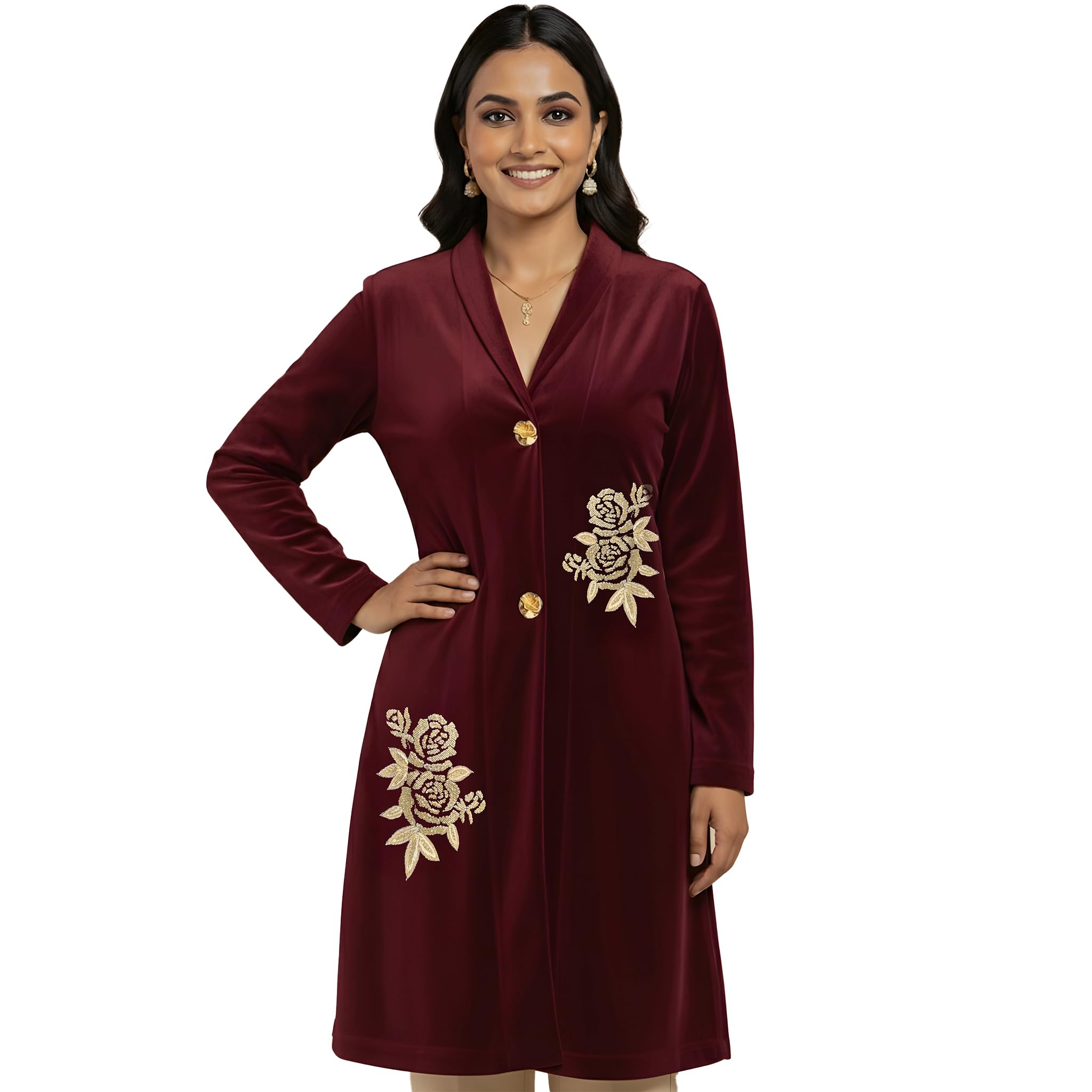 first resort Maroon Twin Golden Roses Hand Embroidered Velvet Jacket-picture-18