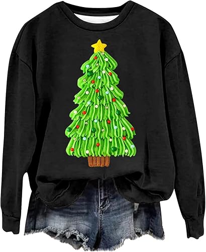 Mujeres Árbol Navidad Jersey Camisas Manga Larga Cuello Redondo Túnica Top Ropa Linda Suelta Vacaciones Sudaderas