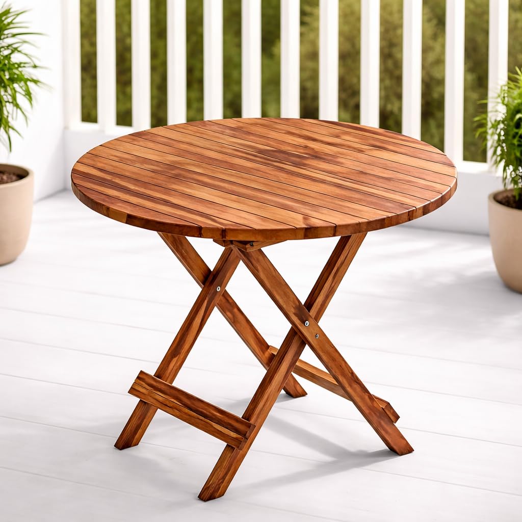 WELL KNOWN Foldable Wooden Coffee Table & Stool β Compact Furniture for Home, Garden, Outdoor, Living Room (1, Brown (Round), Standard) 3
