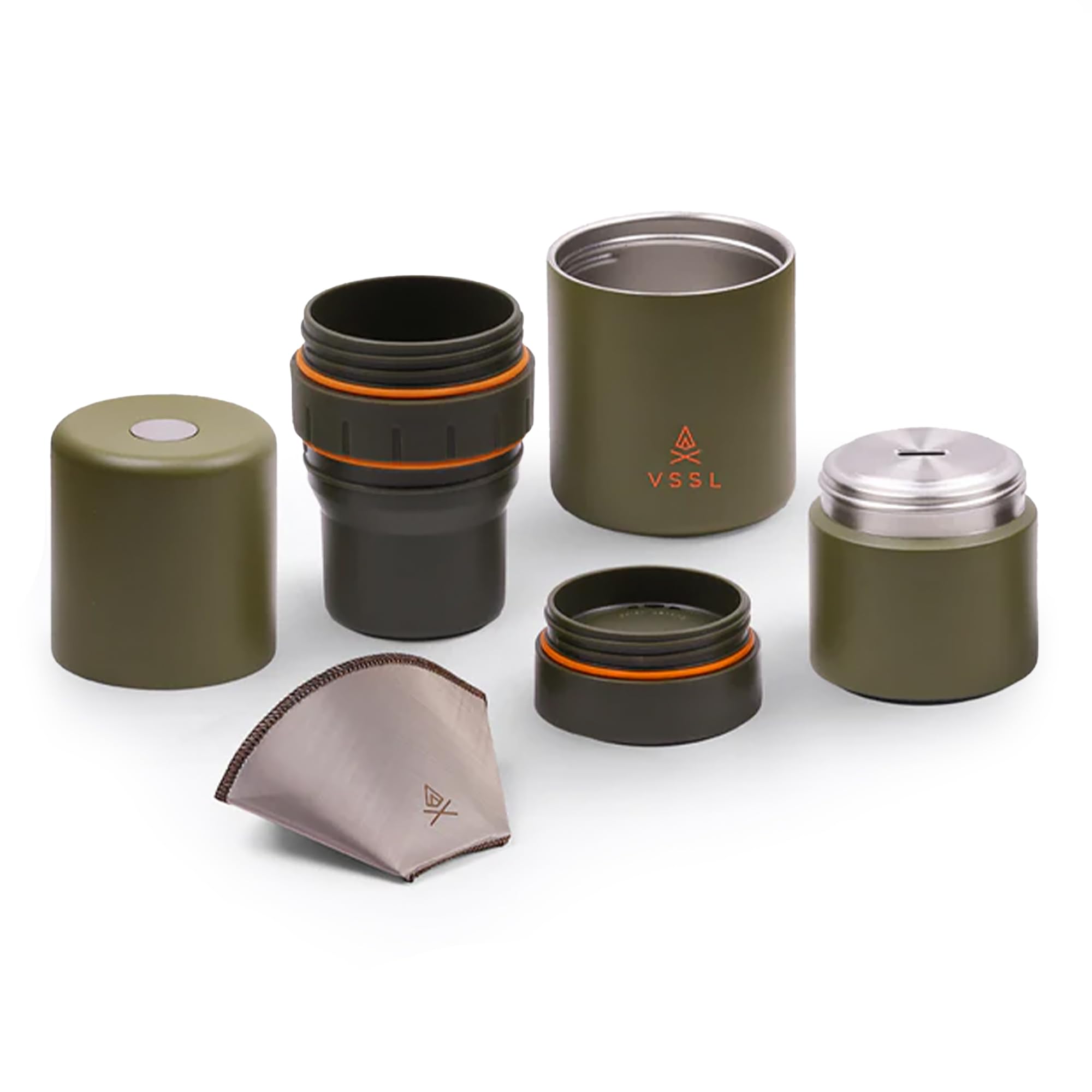 VSSL - Nest Pour Over Coffee Kit | Coffee Maker for Camping | All-In-One Travel Pour Over | Transportable Dripper, Two 10oz Stainless Steel Travel Mugs | Compact Storage &amp; Adventure Ready | Deep Moss