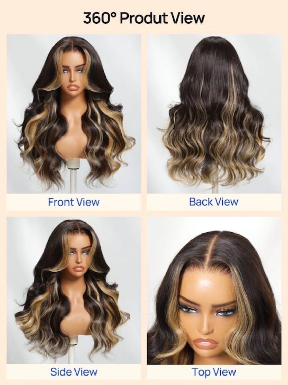 Nadula Bye Bye Knots Glueless Butterscotch Highlight Body Wave 7x5 Pre Cut Lace Front Wigs Human Hair Pre Plucked Bleached Knots Ready to Wear with Face-Framing Brown Highlights 150% Density 16inch