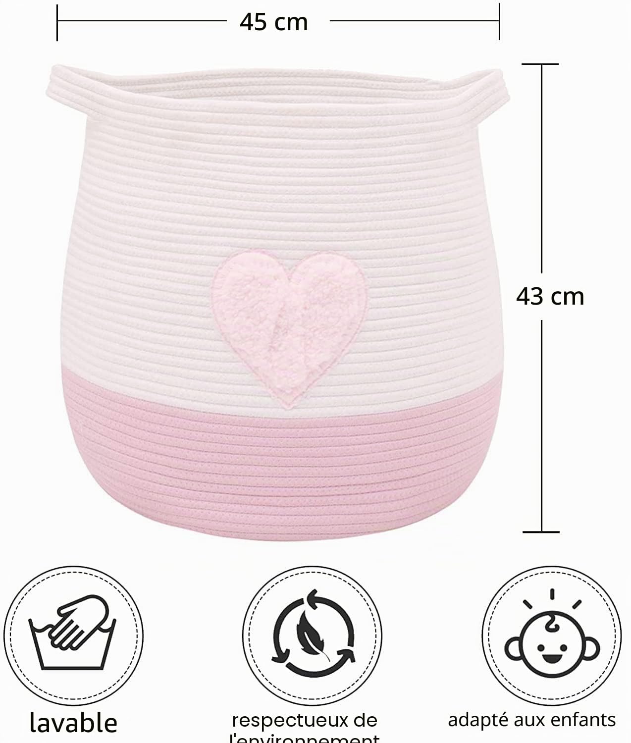 Grand panier en corde de coton, tissé, pour jouets, rangement de linge et de couvertures, rond avec poignées pour chambre d'enfant D45xH43 cm,produit breveté (rose)