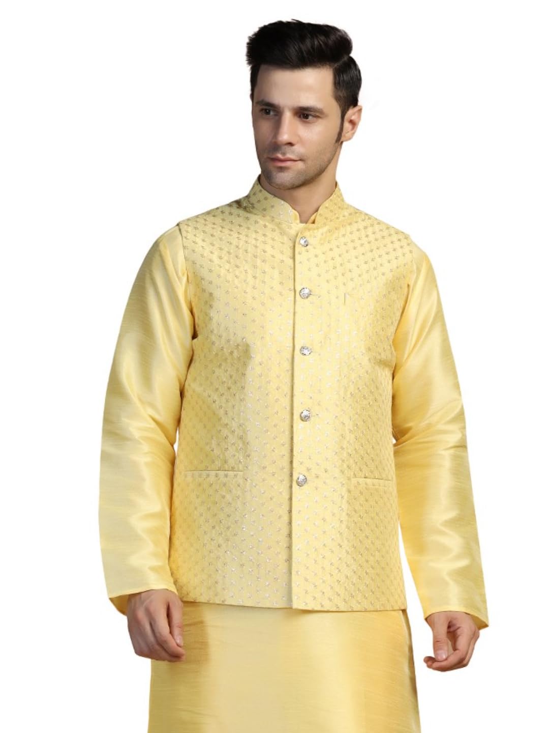 Nehru Jacket Waistcoat for Men with Sequence Embroidery | Silk Fabric Regular Fit Sleeveless Vest-image-38