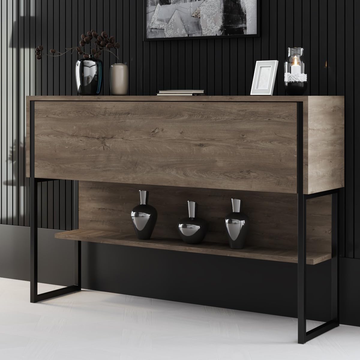 Moderne Hängeschrank aus Holz und Metall für Wohnzimmer Luxe Walnuss - Schwarz