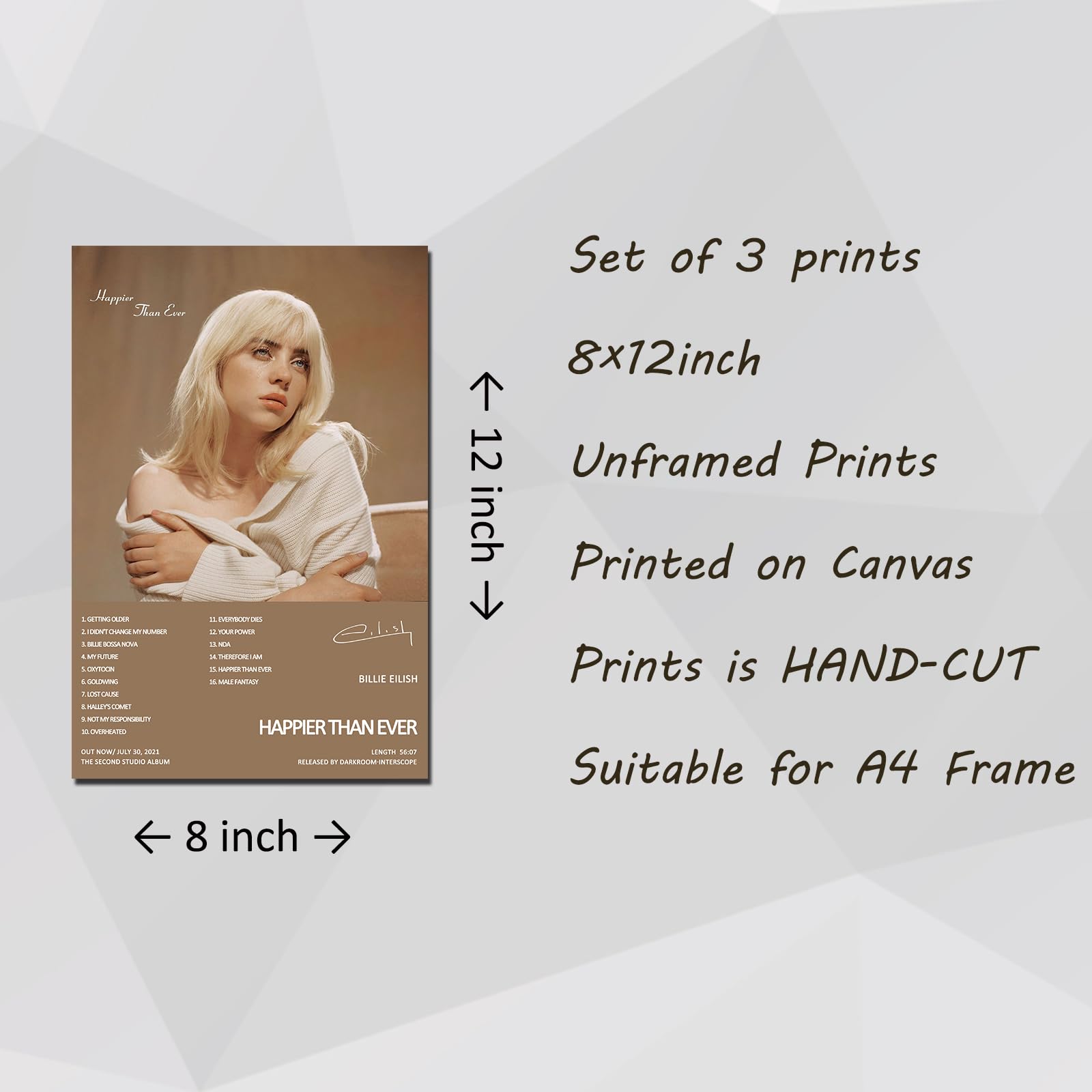 Generic Billie Eilish Album Cover (Set of 3) Unframed 8x12inch