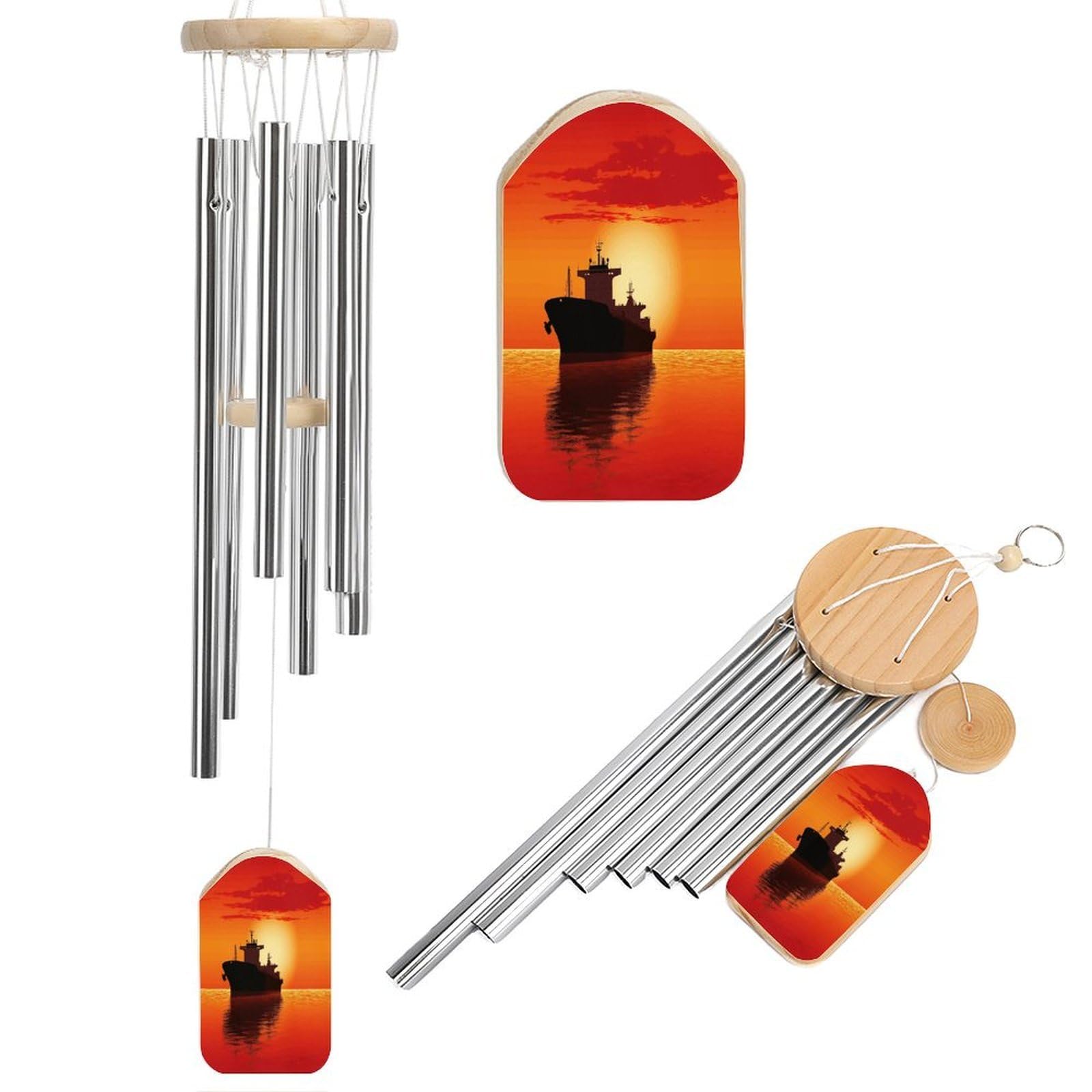 Adfgyerh Style Silhouette Of The Tanker Ship On Red Sunrise Wind Chimes For Outside, Memorial Windchimes Deep Tone Soothing Melodic Tones, Sympathy Wind Chimes For Patio Home Or Garden Decor