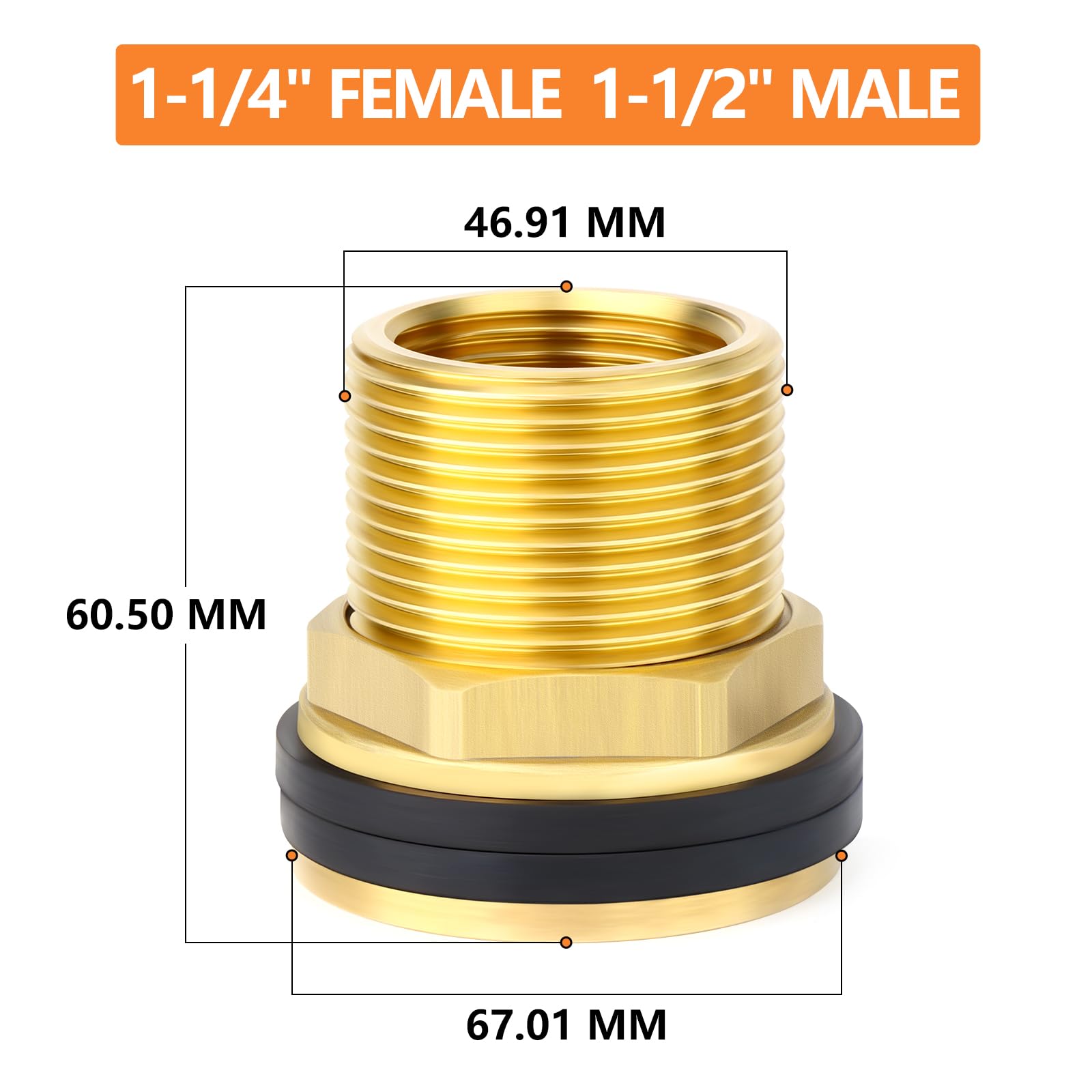 GASHER 2 Pezzi Ottone 1-1/4" Femmina 1-1/2" Maschio BSP Bulkhead Tank Connector Adattatore con Anello in Gomma