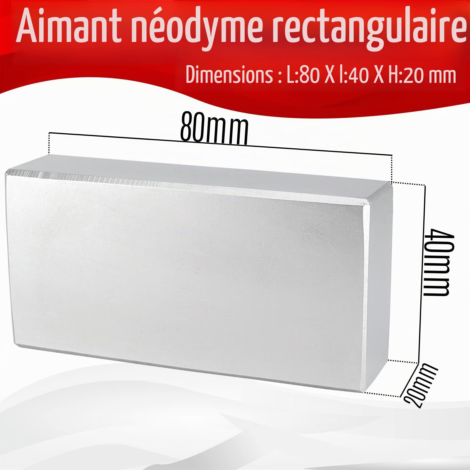 Aimant en néodyme N52 - 80 mm x 40 mm x 20 mm - Extra puissant - Grand aimant en néodyme - Plaque Power Block 220 kg
