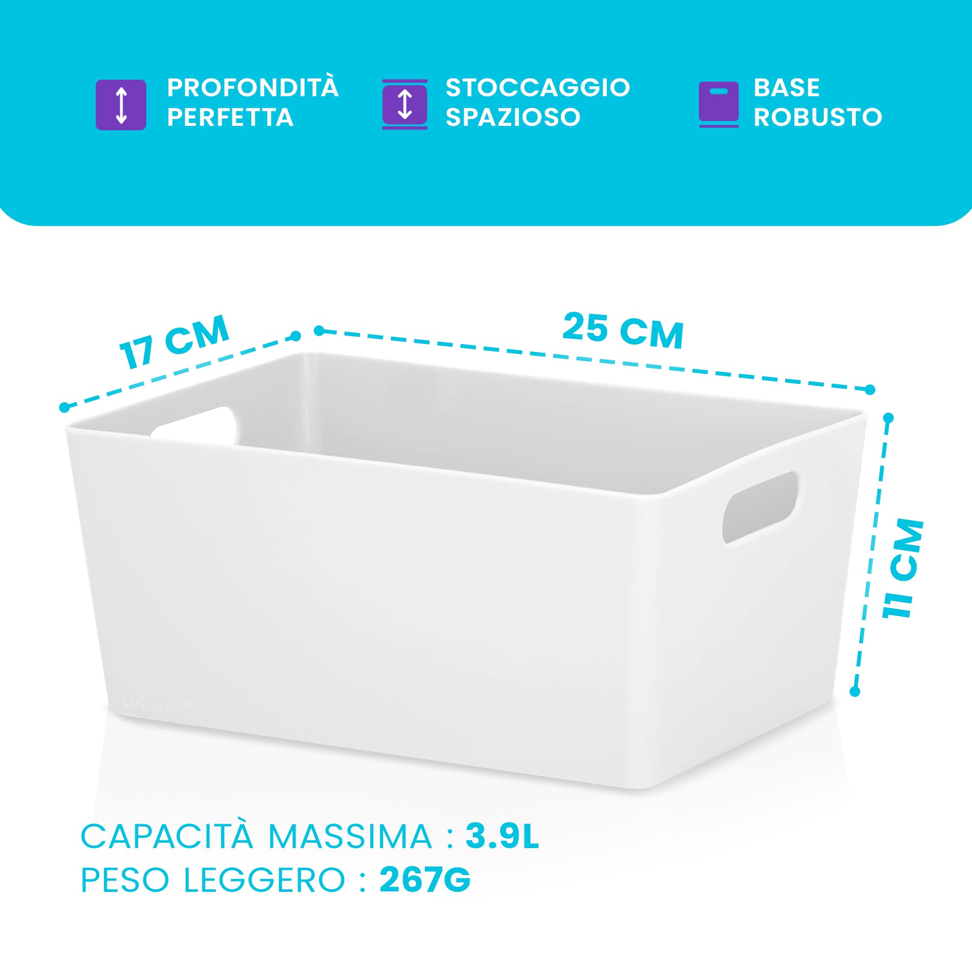 Niftii Set 5 Cestini Portaoggetti in Plastica - Contenitori Rettangolari con Manici per Cucina e Casa - Bianco