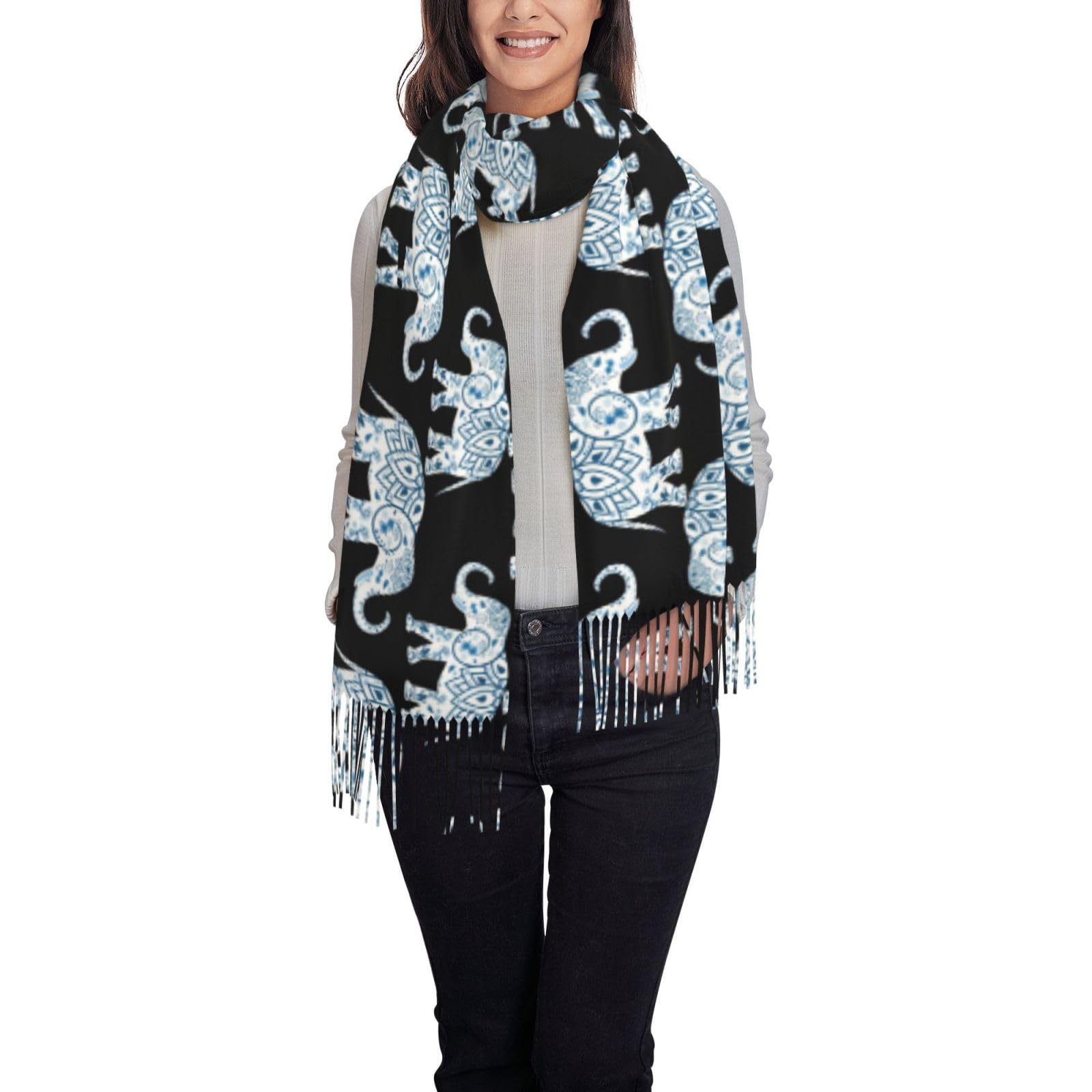 FLGHJNBJN Elephant Print Winter Scarf For Women Shawl Cashmere Feel Tassel Plaid Large Oversized Scarves Wraps