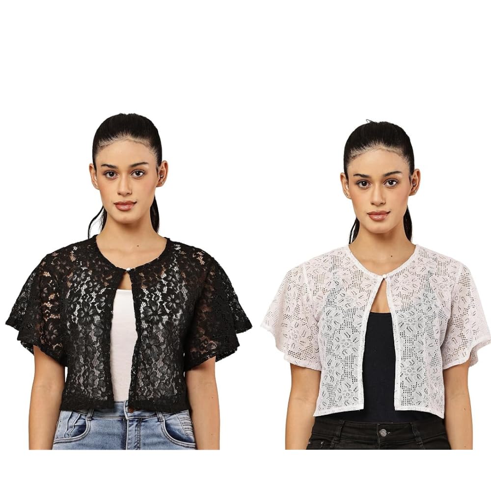 Women 100% Cotton Self Design Lace Crop Shrug Combo | Stylish Open Front Casual Layering Top (Pack of 2)-image-45