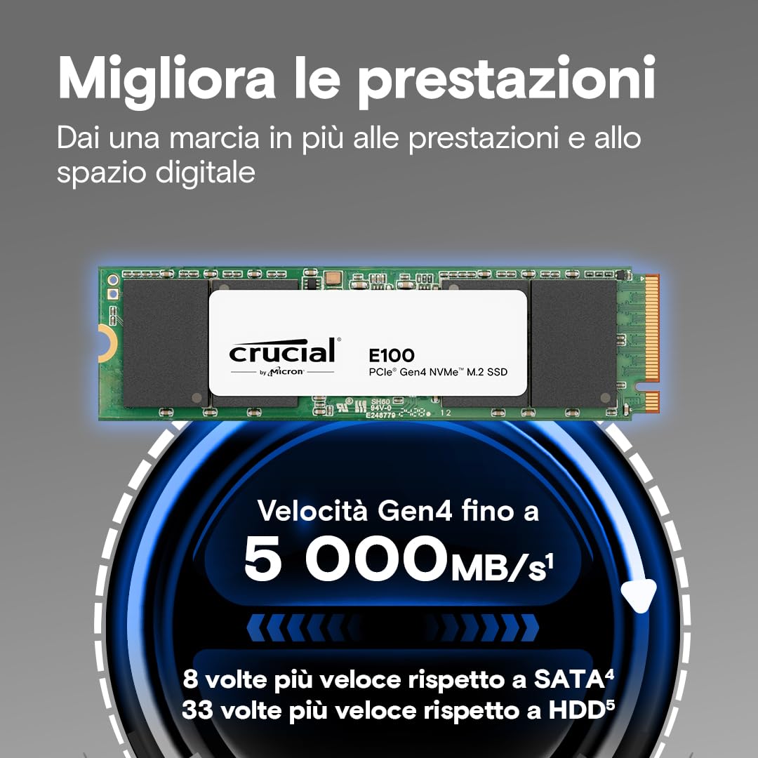Crucial E100 1TB PCIe Gen4 NVMe M.2 SSD Interno, Fino a 5.000 MB/s, Compatibile con Notebook e PC Desktop - CT1000E100SSD8