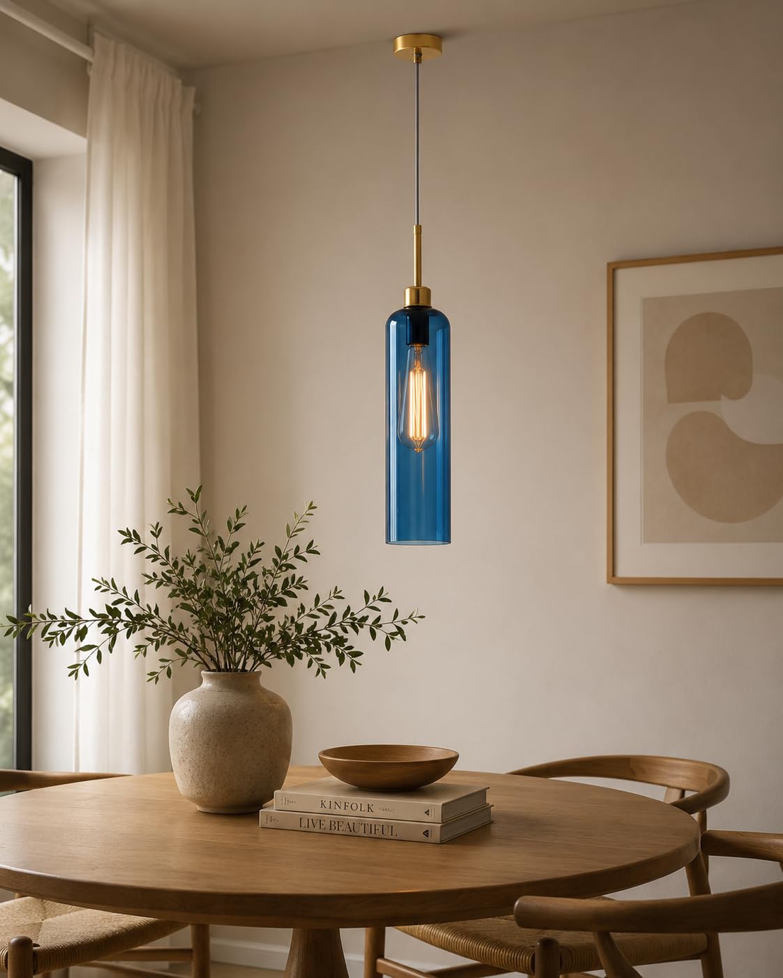 CORAL TREE Blue Glass Pendant Light with Gold Finish | Modern Hanging Ceiling Lamp | E27 Holder | Adjustable Height | Decorative Pendant for Dining Room, Kitchen Island, Bedroom & Café-image-47