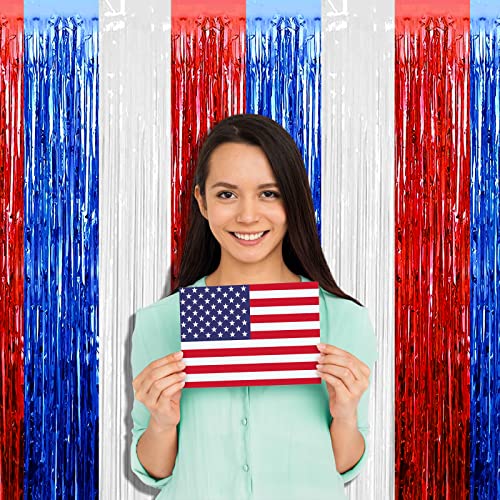 Image of 4 Pack 3.2Ft x 8.2Ft Independence Day Foil Fringe Curtain Backdrop, Red Blue White Metallic Tinsel Foil Fringe Streamers Curtains Background for Photo Booth, Birthday, Wedding, Party Decoration