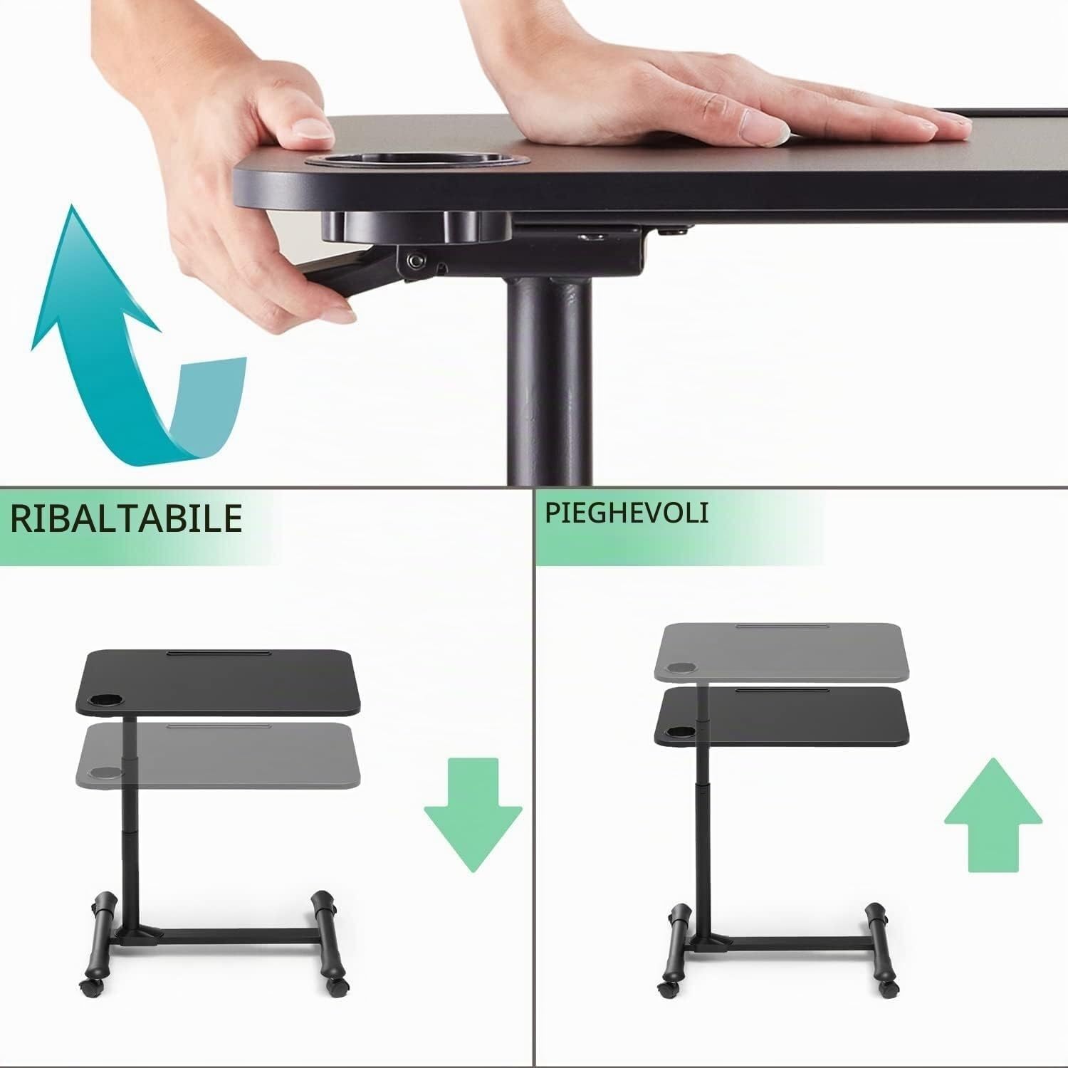 Table de lit réglable avec roulettes et plateau pivotant, table d'hôpital pour ordinateur portable (noir)