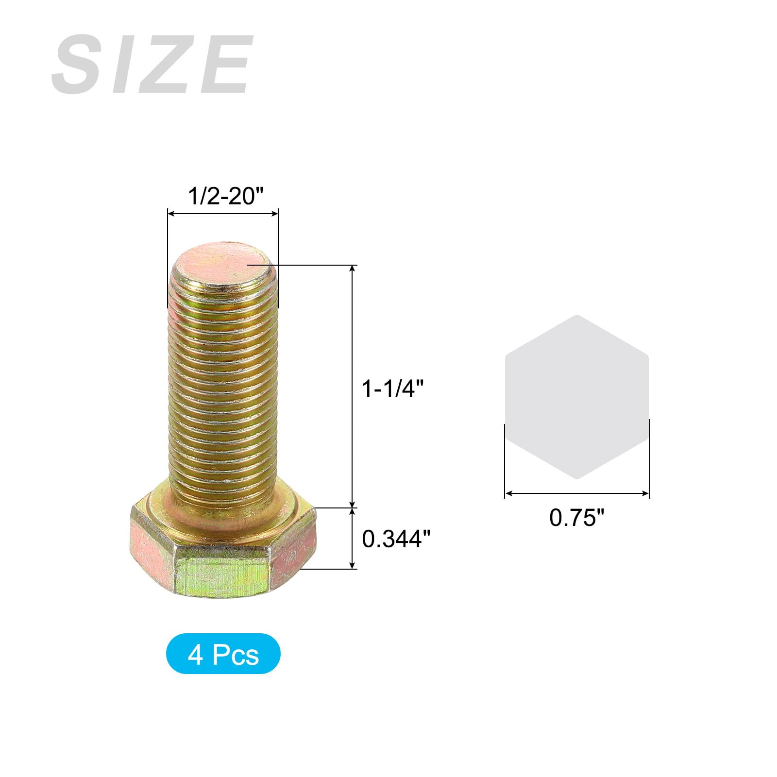 METALLIXITY Hex Bolts (1/2-20 x 1-1/4") 4Pcs, 8 Grade Carbon Steel Zinc Plated, UNF Fine Thread, External Hex Drive - Image 2