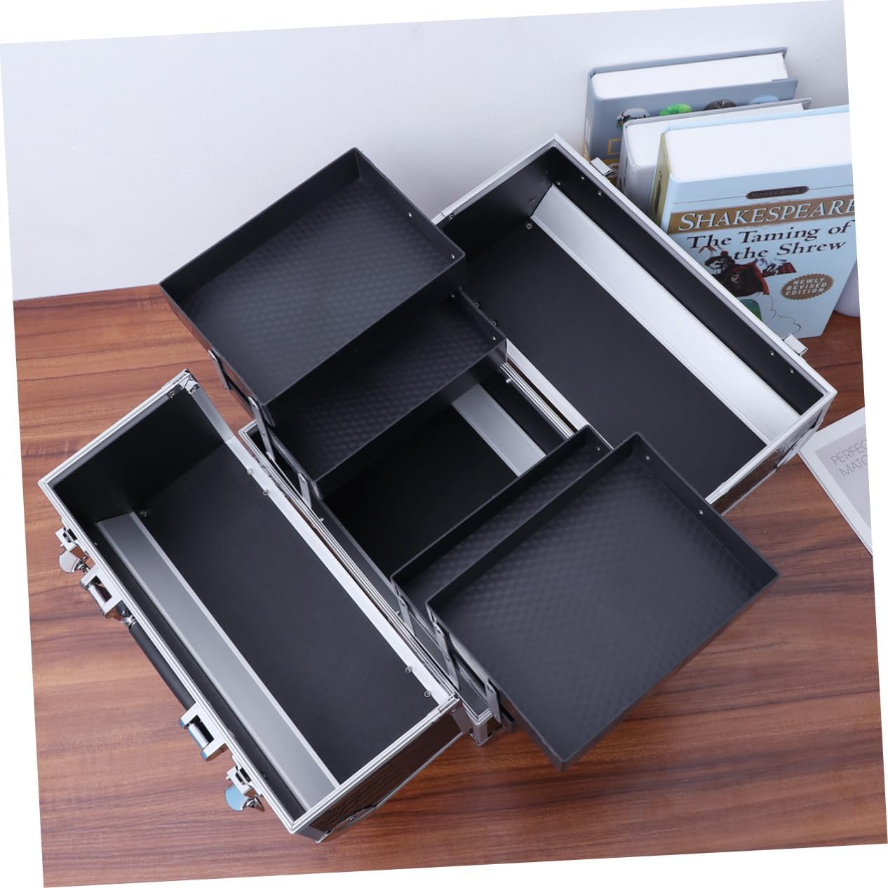 POPETPOP Portable Makeup Organizer Aluminum Alloy Cosmetic Box Toiletry Bag Large Capacity Double Opened Makeup Case for Women