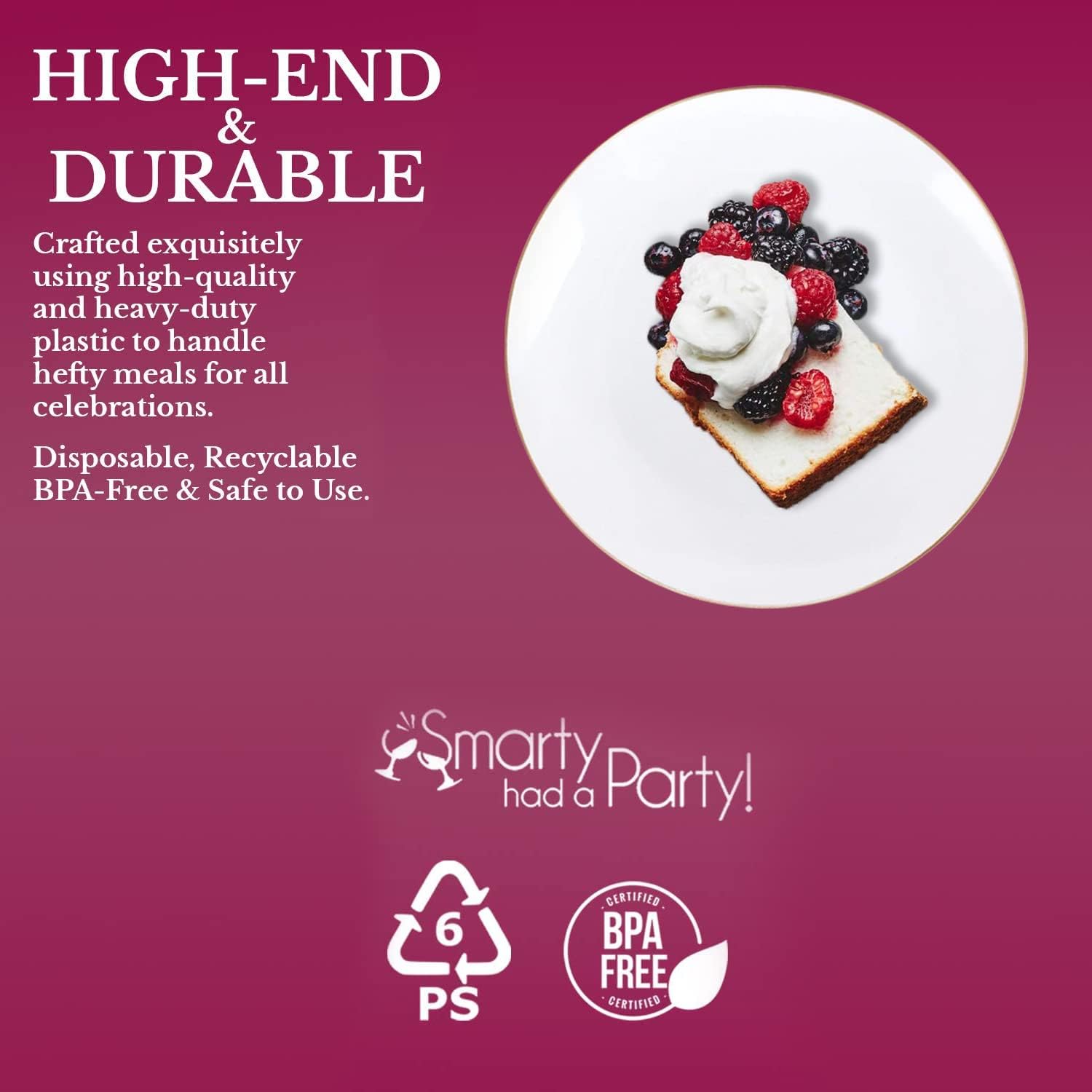 Disposable Plastic Plates with Rim Design, Organic Round Dinnerware Bulk Order for Wedding, Birthday & All Occasions (White with Gold, 7.5" Salad Plates (120 Plates))