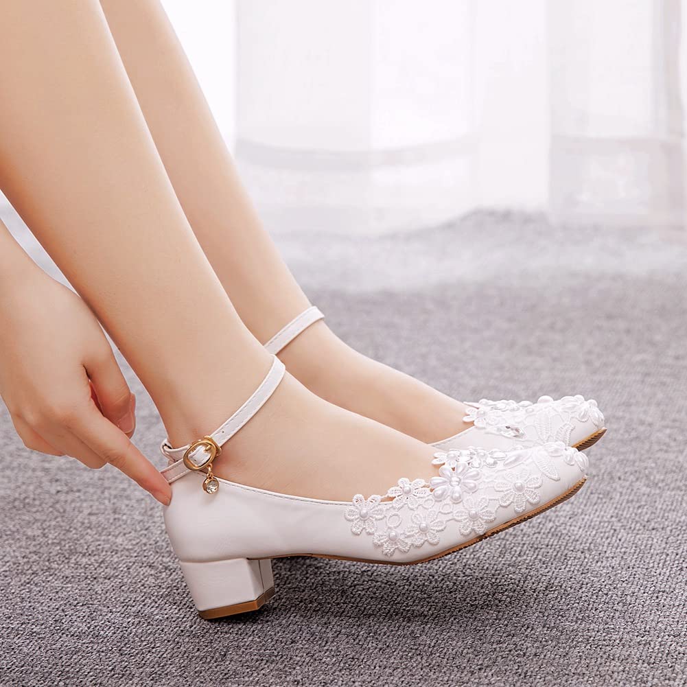 Cylele Mgg Damen Brautschuhe 3 cm High Heel Sandalen Brautjungfer Hochzeit Ein Wort Schnalle Spitzen Perlen Stöckchen High Heels