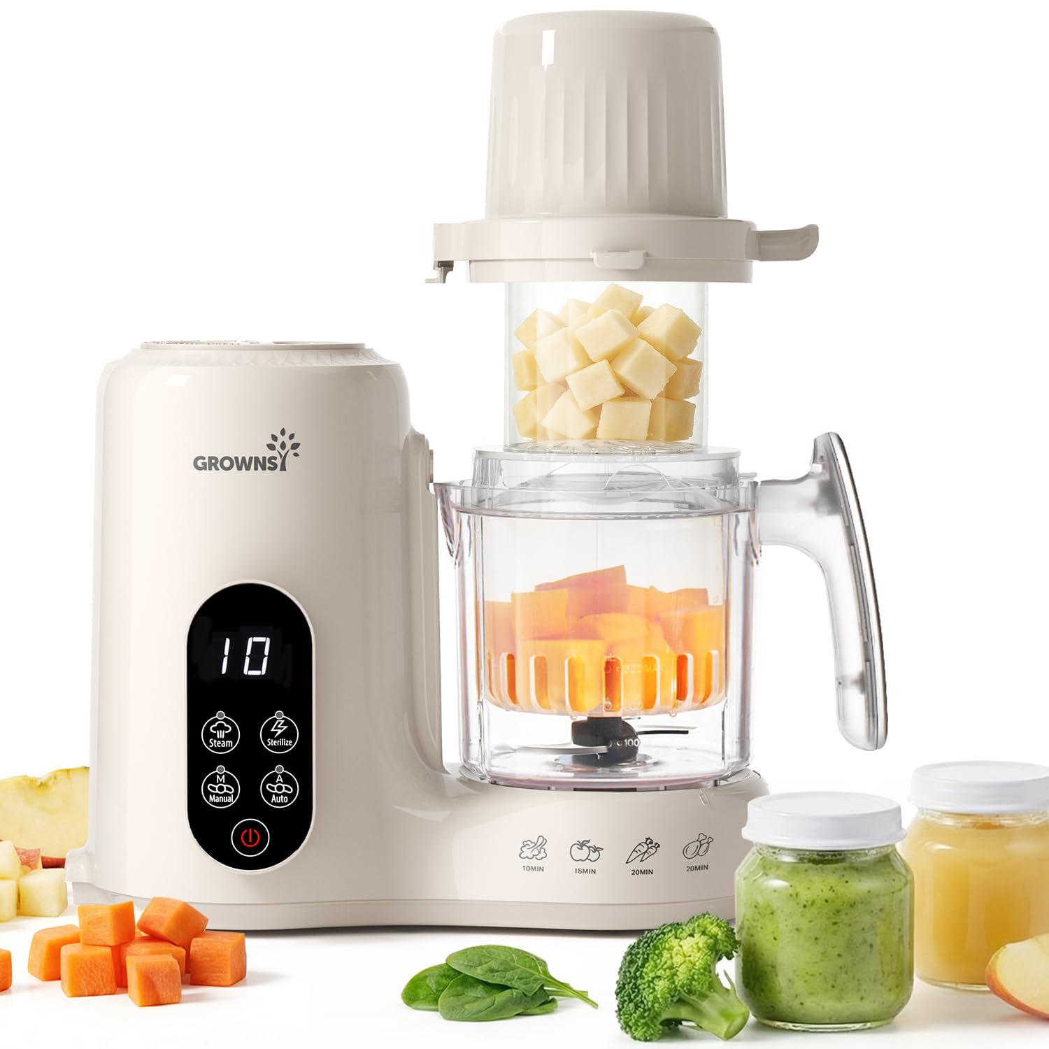 Grownsy Baby Food Maker with Steam Basket, One Step Baby Food Processor Steamer Puree Blender Grinder Mills Machine, Auto Cooking Grinding and Sterili-zing for Healthy Homemade Baby Food, Green