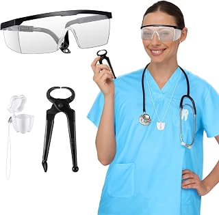 4 Pcs Dentist Costume Accessories Set Blue Dentist Costume Goggles Simulation Clip Teeth Unisex Adult Size for Halloween Events