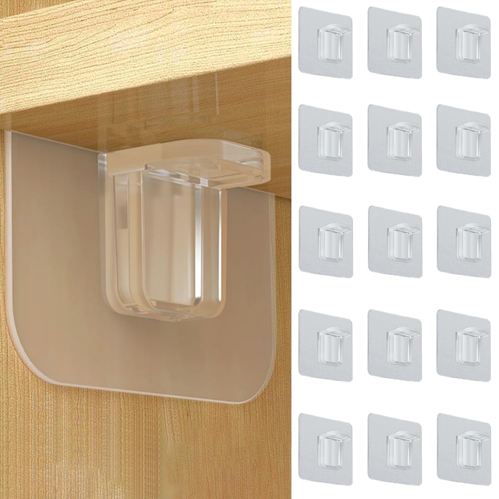Huanfeimo Transparent 15 Pcs Shelf Support Pegs Self-Adhesive Shelf Support Brackets L-Shaped Shelf Support Racks With Suction Cup For Wardrobe Cabinet Furniture Kitchen Partition