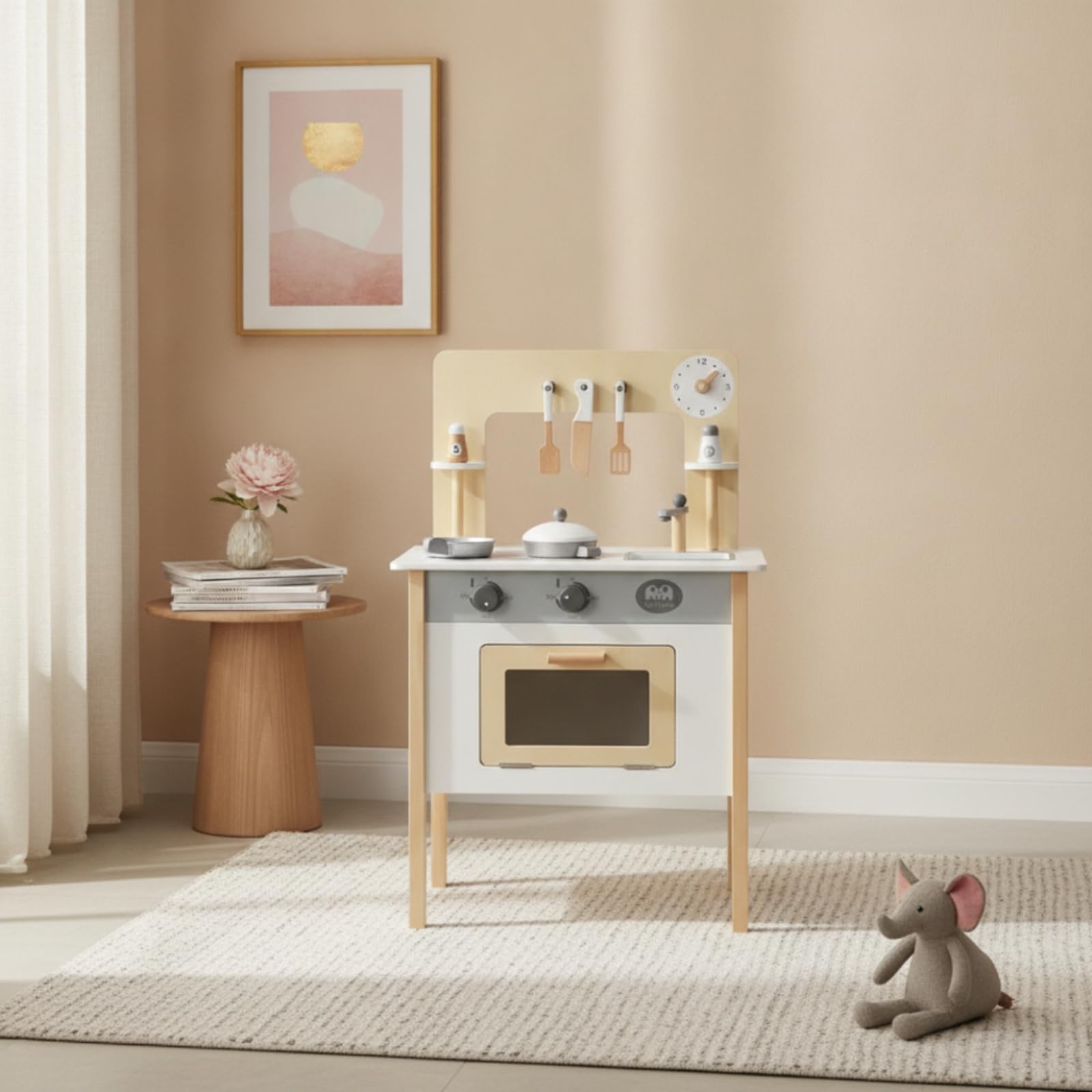 Qianly Cucina Giocattolo con Accessori Realistica Cucina Giocattolo in Legno Naturale per Bambine, Cameretta , Bianco