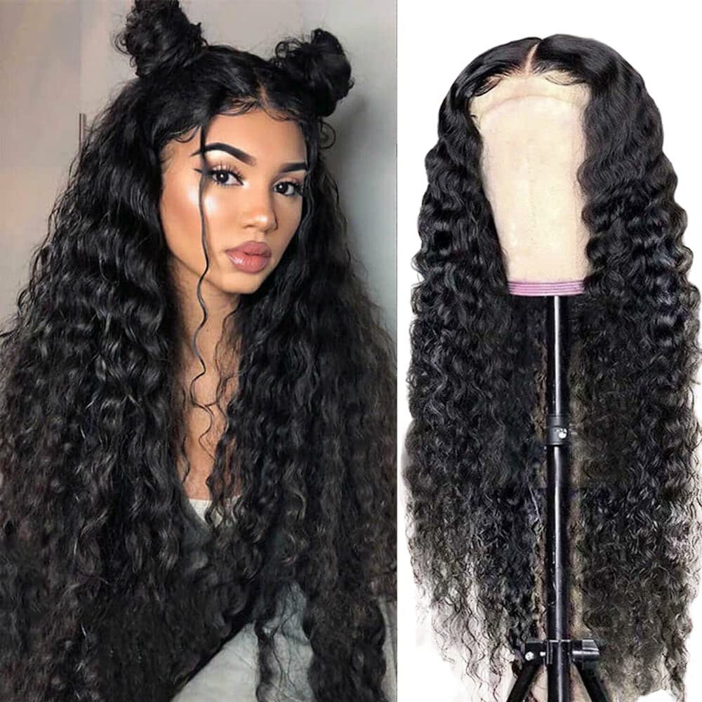 Qangelabeauty 180% Density HD Transparent Deep Wave Lace Front Wigs Human Hair 13X4 Curly Wigs for Black Women Deep Wave Lace Frontal Wet and Wavy Wig Pre Plucked with Baby Hair 24 Inch Natural Black