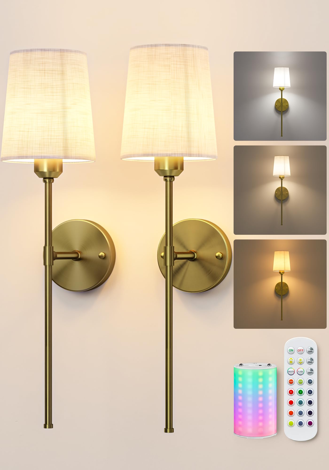 Photo 1 of ***MISSING LAMPSHADE*** EZVALO Battery Operated Wall Sconces Set of 2, 7500mAh, RGB, Rechargeable Wall Lights with Remote, Dimmable, Magnetic Bulbs, No-Wiring Installation, Wireless Wall Lamps for Bedroom, Living Room