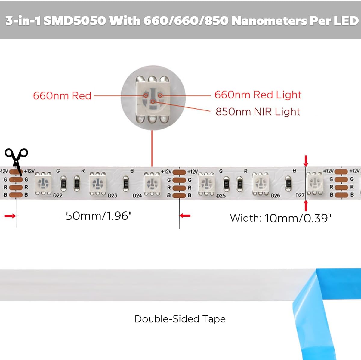 660nm 850nm Red Light Therapy DC12V Near IR LED Strip, 16.4Ft/5M 300 LEDs 5050SMD 10mm Wide Flexible Cuttable Infrared Tape Light IP20 (660nm+850nm+660nm, White PCB, IP20, 16.4ft)