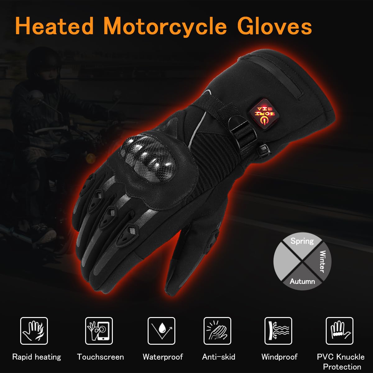 Heated Motorcycle Gloves for Men Women - 7.4V 3000mAh Rechargeable Batteries, Touchscreen Waterproof Windproof Non-Slip Electric Gloves for Cycling (Jet Black, Large)