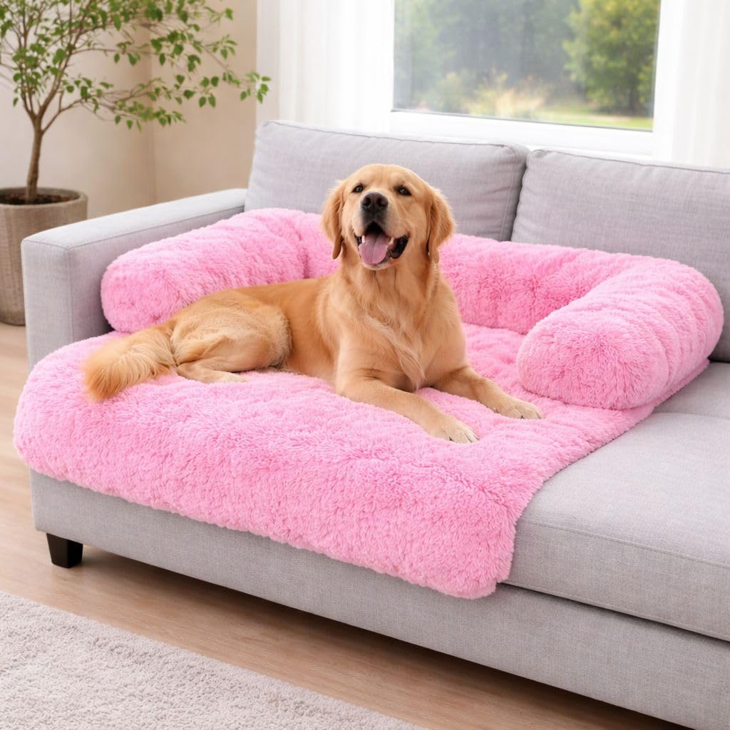 LavishFashionTown Luxury Plush Sofa Dog Bed Waterproof Pet Cushion with Raised Bolster Sides Non Slip Base Washable Square Pet Bed for Dogs & Cats - Pink, 90 x 90 x 15 cm