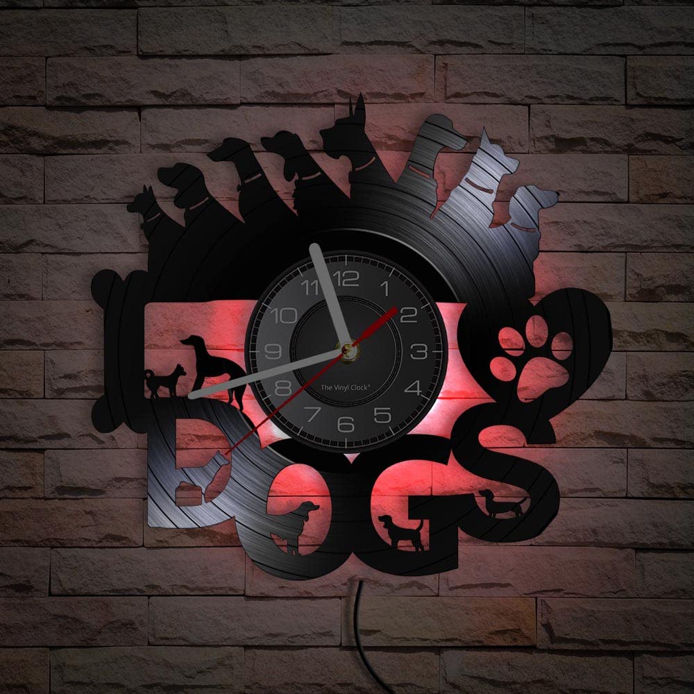 Smotly Seven Colors Vinyl Wall Clock, Pet Puppy Themed Pattern With Led Night Light, Is A Wall Clock Gift For Friends Who Love Animals. (Seven Colors)