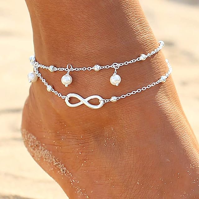 Zoestar Boho Double Anklet Silver Pearl Ankle Bracelet Beads Chain Forever Foot Jewelry for Women and Girls
