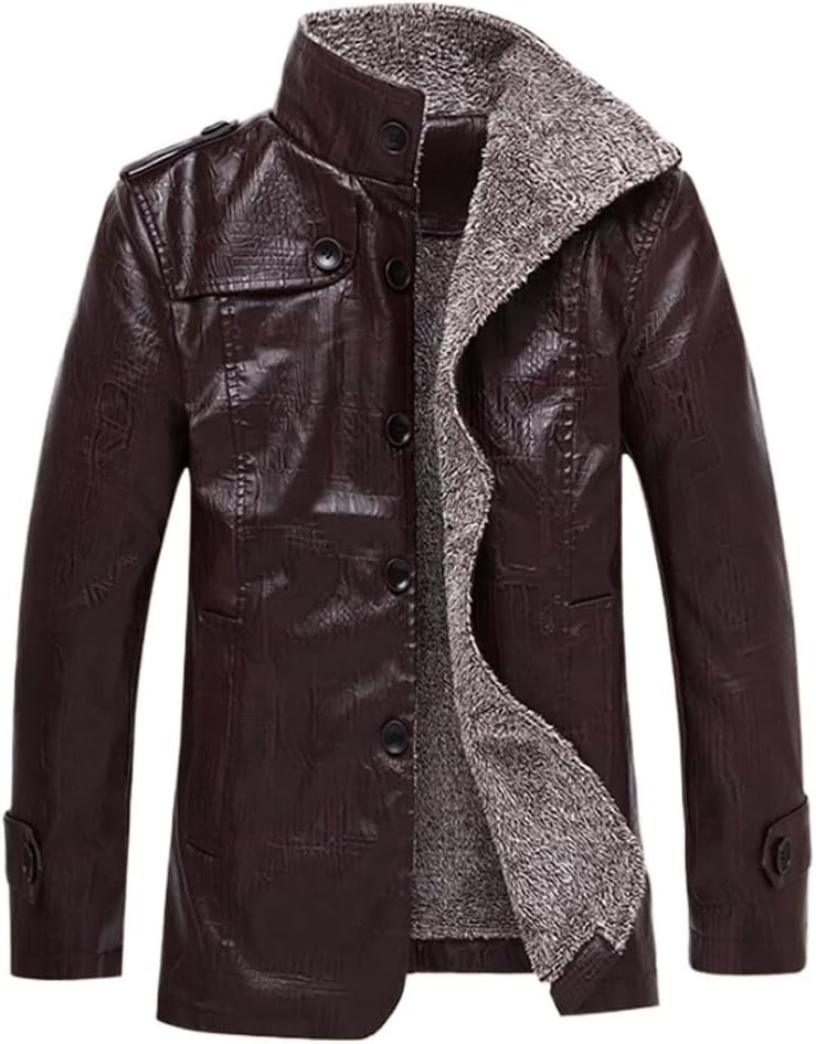 Winter Men's mid Length Plush Thick Leather Jacket, Slim fit Casual, Stand up Collar, Large Size