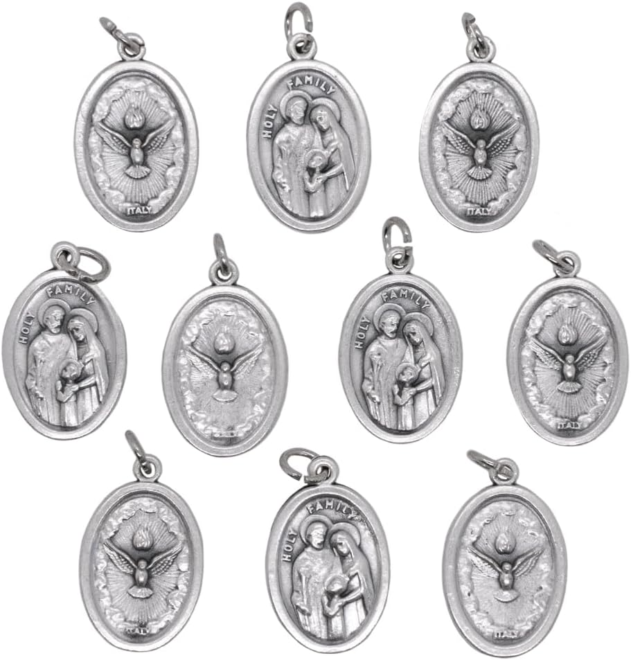 Pack of Ten 1" Holy Family and Holy Spirit Medals | Silver-Tone Metal Pendants | Great Catholic Gift for First Holy Communion and Confirmation | Add to DIY Chaplet or Religious Jewelry